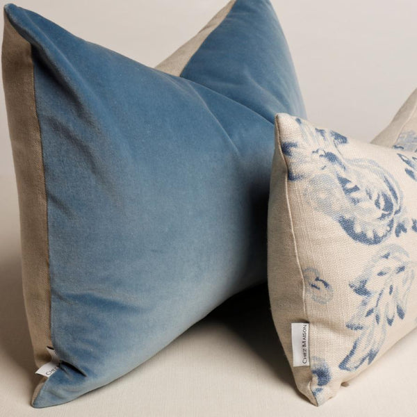 Chez Maison House Blue Velvet with Natural Linen Back 20 x 15 inch