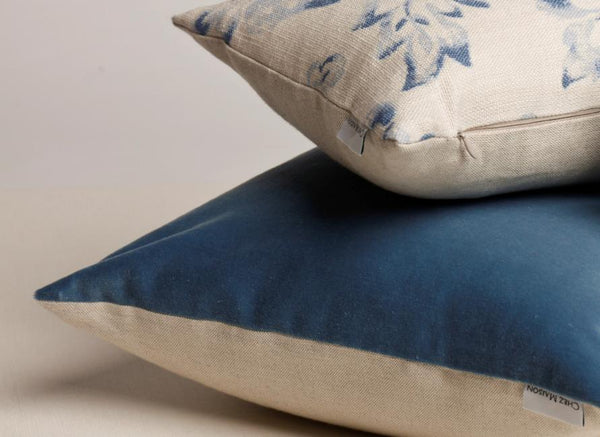 Chez Maison House Blue Velvet with Natural Linen Back 18 inch square