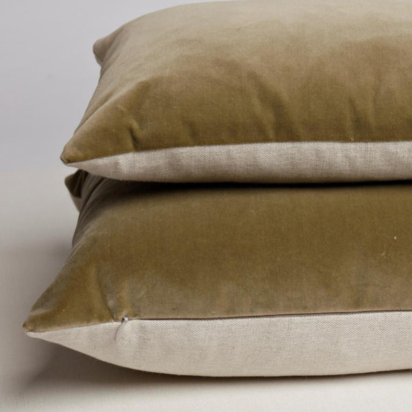 Chez Maison Velvet in Green Hay with Natural Linen Back 18 inch square